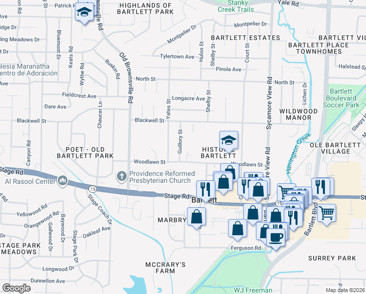 map of restaurants, bars, coffee shops, grocery stores, and more near 3008 Guillory Street in Memphis
