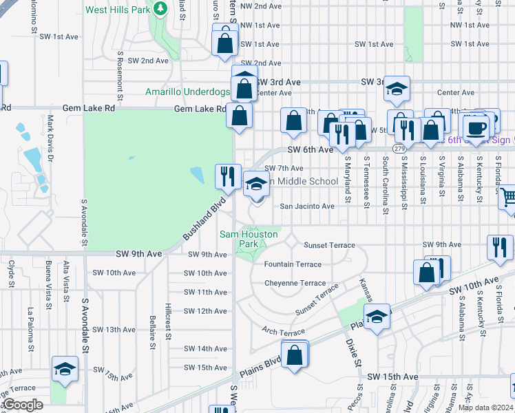 map of restaurants, bars, coffee shops, grocery stores, and more near 815 South Independence Street in Amarillo