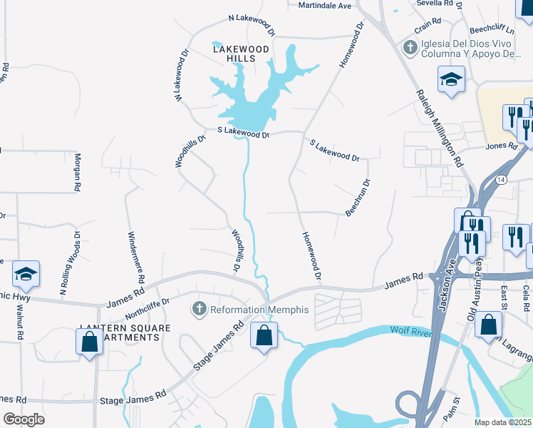 map of restaurants, bars, coffee shops, grocery stores, and more near 3267 Homewood Cove in Memphis
