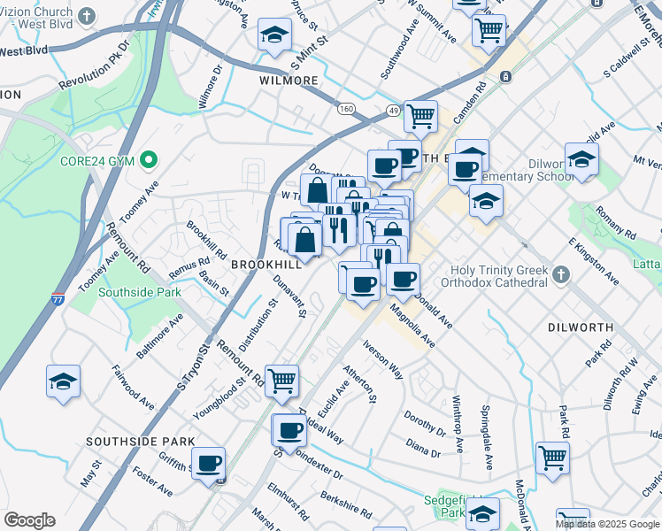 map of restaurants, bars, coffee shops, grocery stores, and more near 2201 Hawkins Street in Charlotte