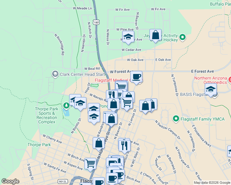 map of restaurants, bars, coffee shops, grocery stores, and more near 376 North Fort Valley Road in Flagstaff
