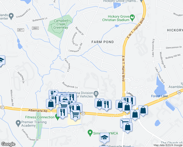 map of restaurants, bars, coffee shops, grocery stores, and more near 6833 English Hills Drive in Charlotte