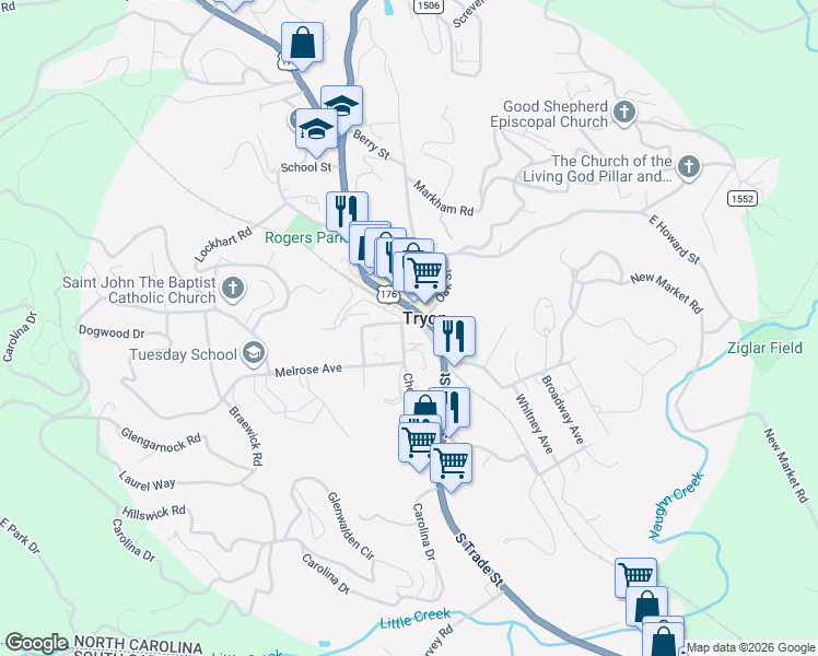map of restaurants, bars, coffee shops, grocery stores, and more near in Tryon