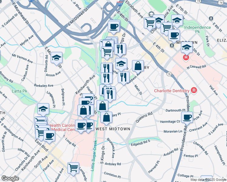 map of restaurants, bars, coffee shops, grocery stores, and more near 1506 Ellison Street in Charlotte