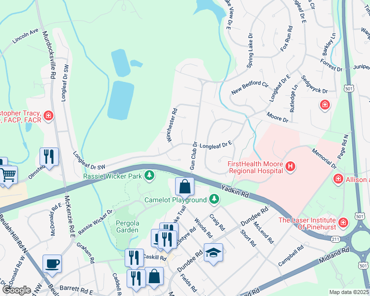 map of restaurants, bars, coffee shops, grocery stores, and more near 20 Longleaf Drive West in Pinehurst