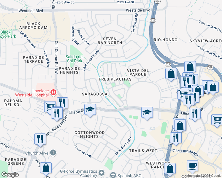map of restaurants, bars, coffee shops, grocery stores, and more near 10428 Vista Del Sol Drive Northwest in Albuquerque