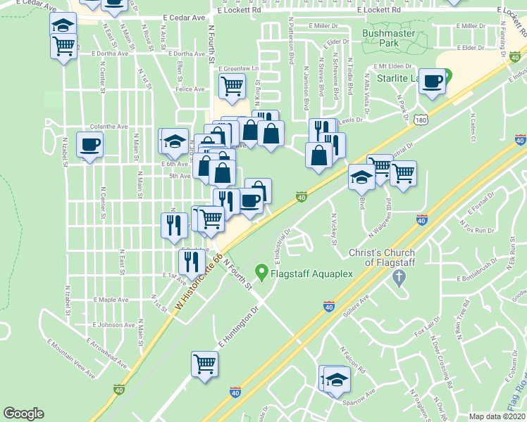 map of restaurants, bars, coffee shops, grocery stores, and more near North Waterside Drive in Flagstaff