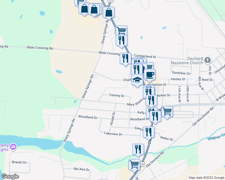 map of restaurants, bars, coffee shops, grocery stores, and more near 214 Tammy Drive in Decherd