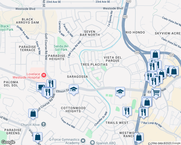 map of restaurants, bars, coffee shops, grocery stores, and more near 10428 Vista Del Sol Drive Northwest in Albuquerque
