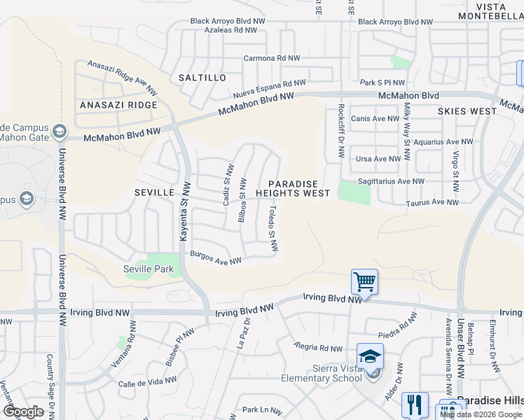 map of restaurants, bars, coffee shops, grocery stores, and more near 10449 Pamplona Street Northwest in Albuquerque