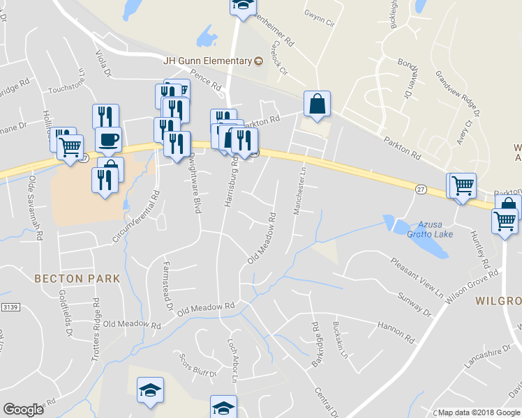 map of restaurants, bars, coffee shops, grocery stores, and more near 6605 Old Meadow Road in Charlotte