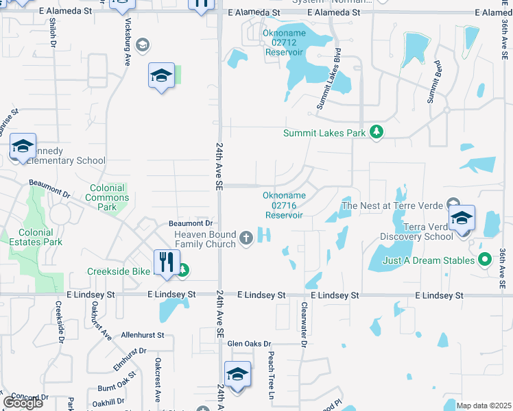 map of restaurants, bars, coffee shops, grocery stores, and more near 2500 Meadowood Boulevard in Norman