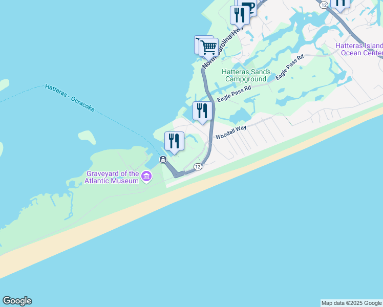 map of restaurants, bars, coffee shops, grocery stores, and more near 58848 Marina Way in Hatteras