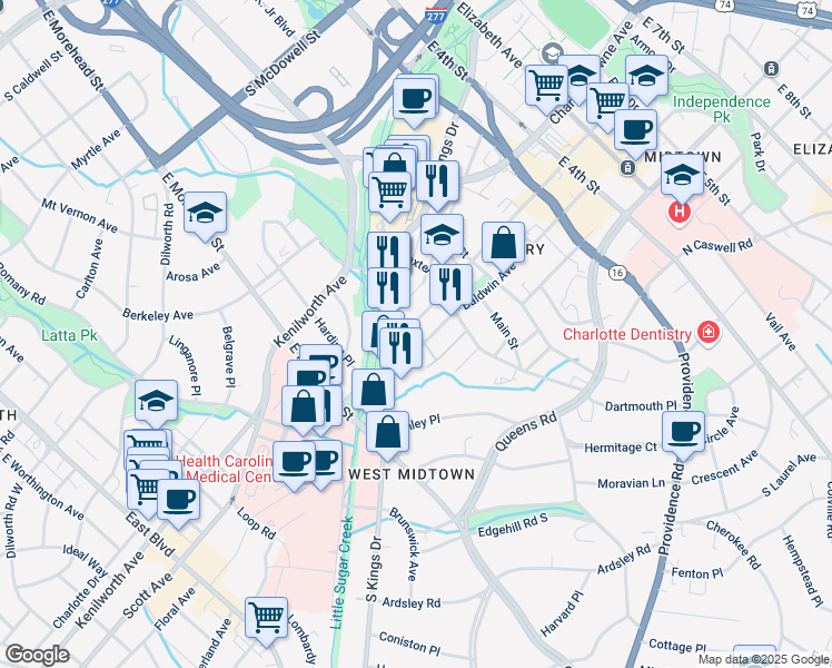 map of restaurants, bars, coffee shops, grocery stores, and more near 1506 Ellison Street in Charlotte
