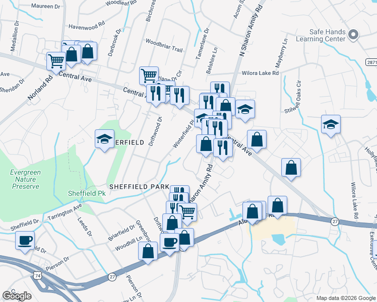 map of restaurants, bars, coffee shops, grocery stores, and more near 3541 Spanish Quarter Circle in Charlotte