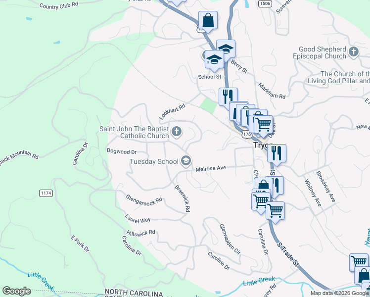 map of restaurants, bars, coffee shops, grocery stores, and more near 120 Laurel Avenue in Tryon