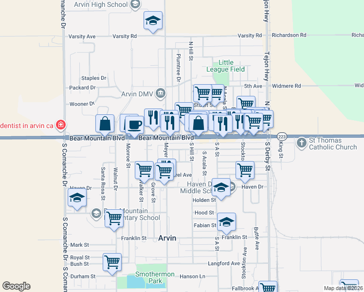 map of restaurants, bars, coffee shops, grocery stores, and more near 624 Tucker Street in Arvin
