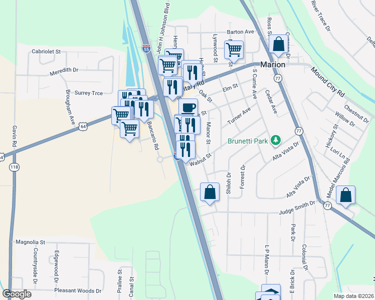 map of restaurants, bars, coffee shops, grocery stores, and more near 199 Block Street in Marion