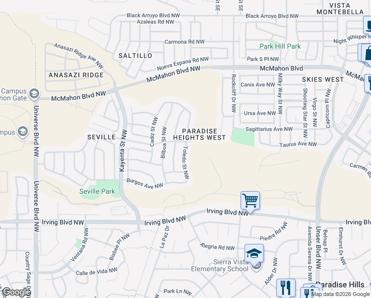 map of restaurants, bars, coffee shops, grocery stores, and more near 10460 Toledo Street Northwest in Albuquerque