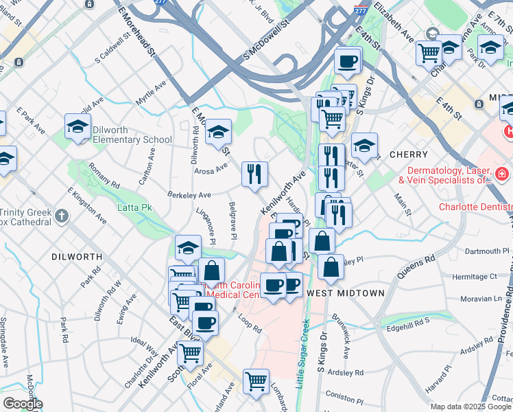 map of restaurants, bars, coffee shops, grocery stores, and more near 1010 Kenilworth Avenue in Charlotte