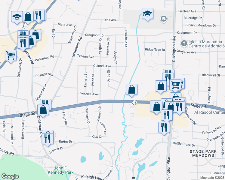map of restaurants, bars, coffee shops, grocery stores, and more near 3018 Bluefield Street in Memphis