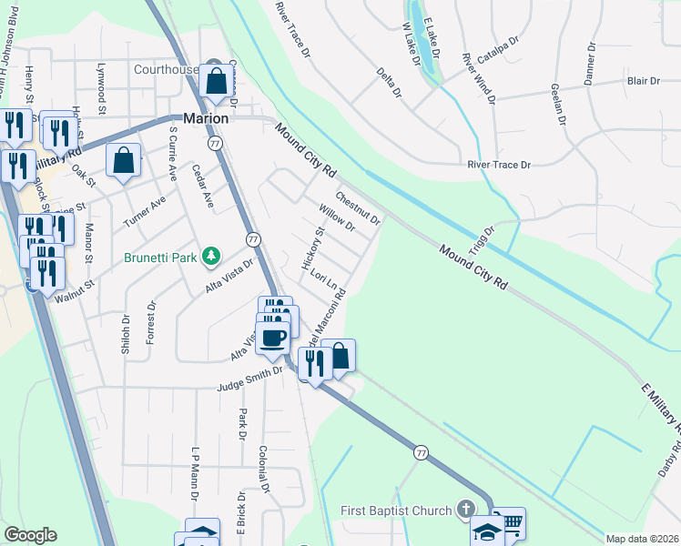map of restaurants, bars, coffee shops, grocery stores, and more near 262 Medel Marconi Road in Marion