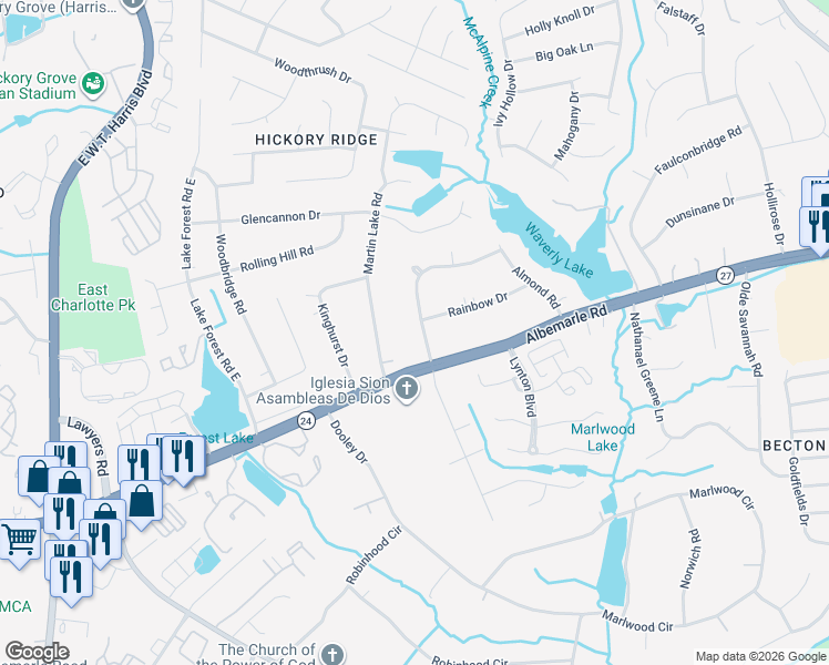 map of restaurants, bars, coffee shops, grocery stores, and more near 5805 Mallard Drive South in Charlotte