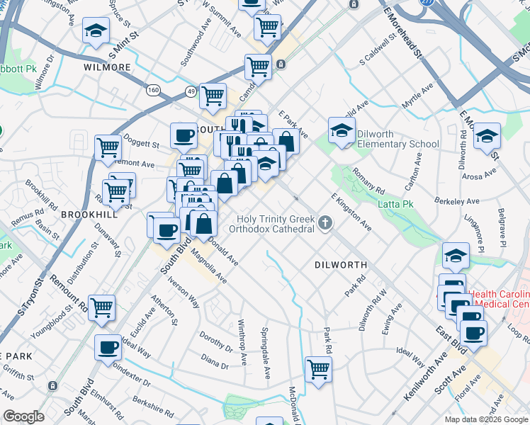 map of restaurants, bars, coffee shops, grocery stores, and more near 1912 Lyndhurst Avenue in Charlotte