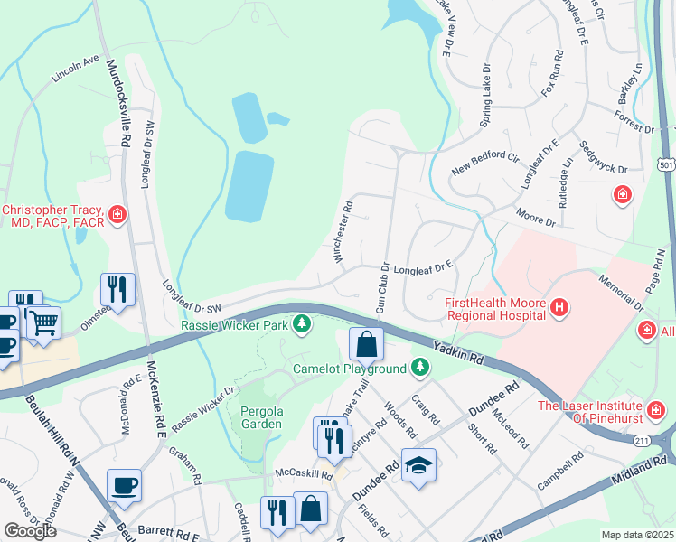 map of restaurants, bars, coffee shops, grocery stores, and more near 2 Red Cedar Lane in Pinehurst