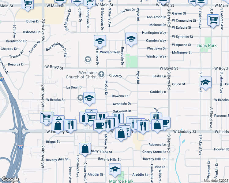 map of restaurants, bars, coffee shops, grocery stores, and more near 1723 Rowena Lane in Norman