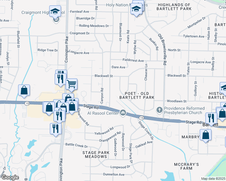 map of restaurants, bars, coffee shops, grocery stores, and more near 3034 Lynchburg Street in Memphis
