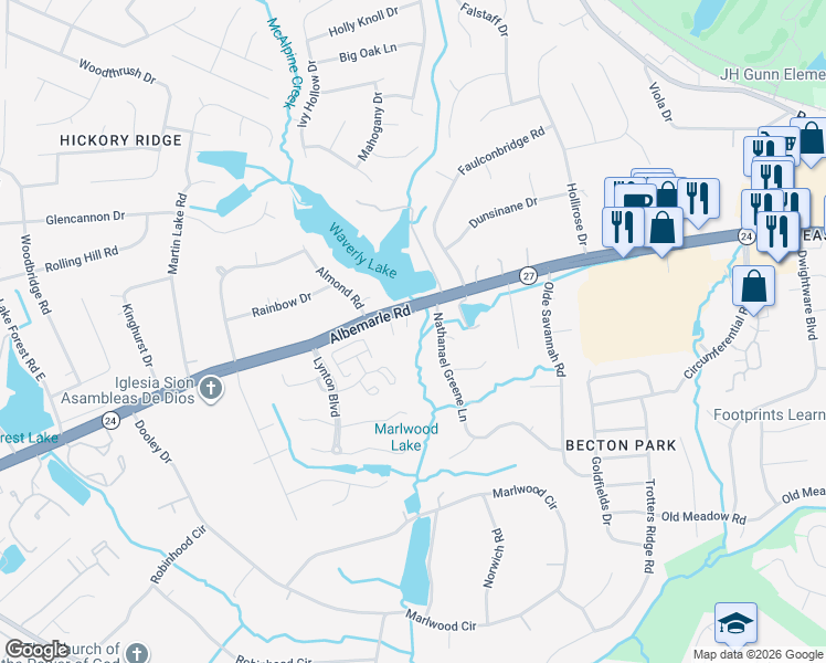 map of restaurants, bars, coffee shops, grocery stores, and more near 8018 Nathanael Greene Lane in Charlotte