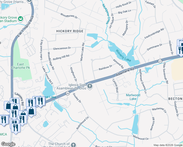 map of restaurants, bars, coffee shops, grocery stores, and more near 5805 Mallard Drive South in Charlotte
