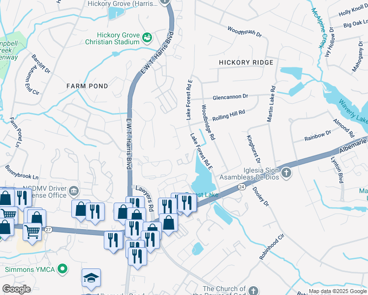 map of restaurants, bars, coffee shops, grocery stores, and more near 6025 Lake Forest Road East in Charlotte