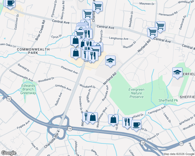 map of restaurants, bars, coffee shops, grocery stores, and more near 1345 Dresden Drive West in Charlotte