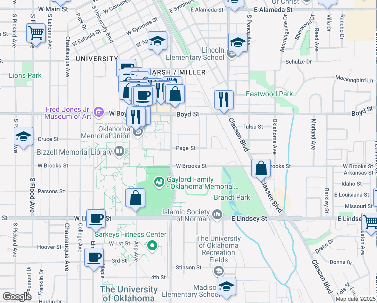 map of restaurants, bars, coffee shops, grocery stores, and more near 1223 Monnett Avenue in Norman
