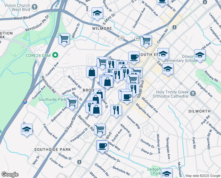 map of restaurants, bars, coffee shops, grocery stores, and more near 2212 Hawkins Street in Charlotte