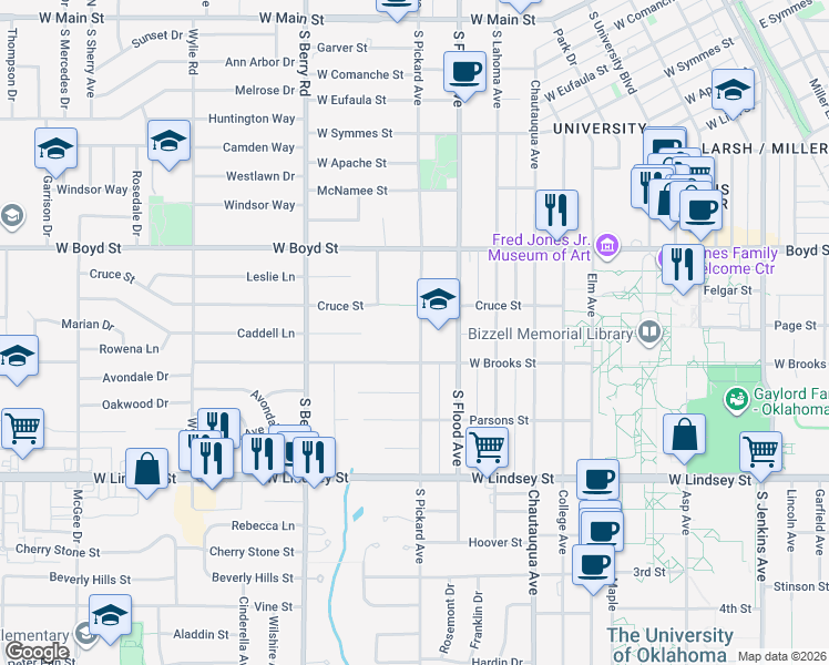 map of restaurants, bars, coffee shops, grocery stores, and more near 724 South Pickard Avenue in Norman