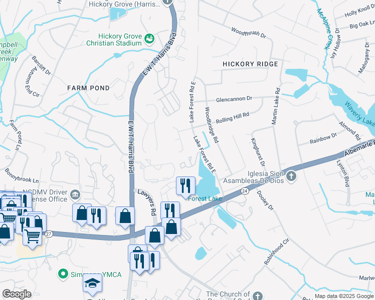 map of restaurants, bars, coffee shops, grocery stores, and more near 6025 Lake Forest Road East in Charlotte