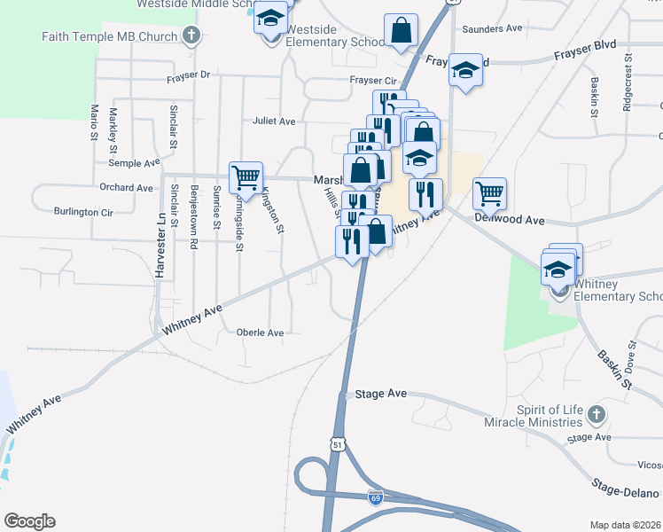 map of restaurants, bars, coffee shops, grocery stores, and more near 877 Whitney Avenue in Memphis