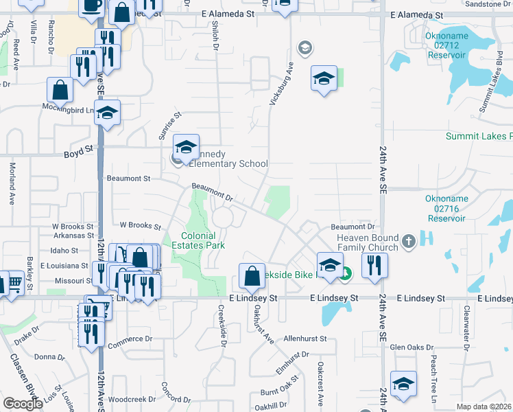 map of restaurants, bars, coffee shops, grocery stores, and more near 1800 Beaumont Drive in Norman
