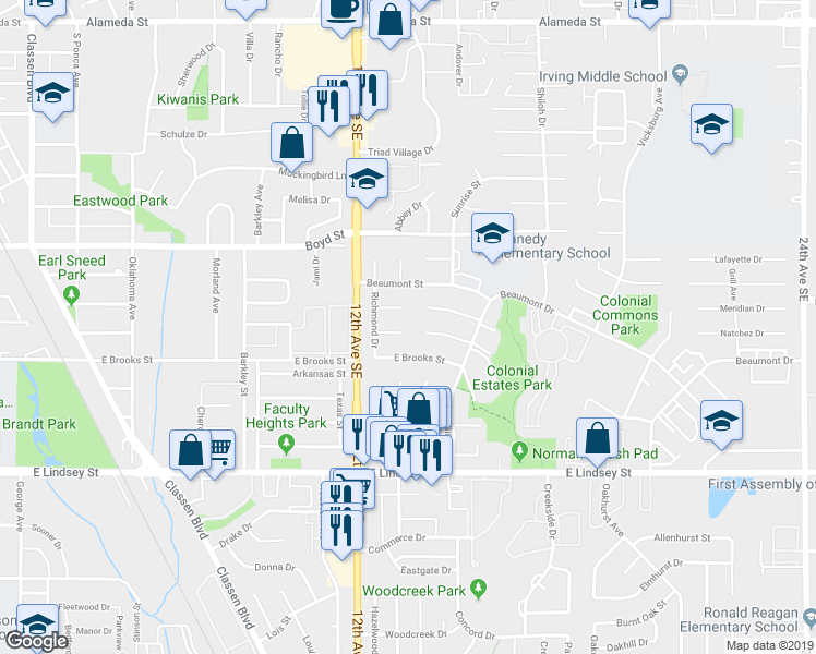 map of restaurants, bars, coffee shops, grocery stores, and more near 1221 Charleston Court in Norman
