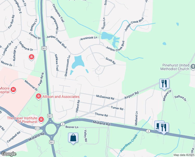 map of restaurants, bars, coffee shops, grocery stores, and more near 190 Barton Hills Court in Pinehurst