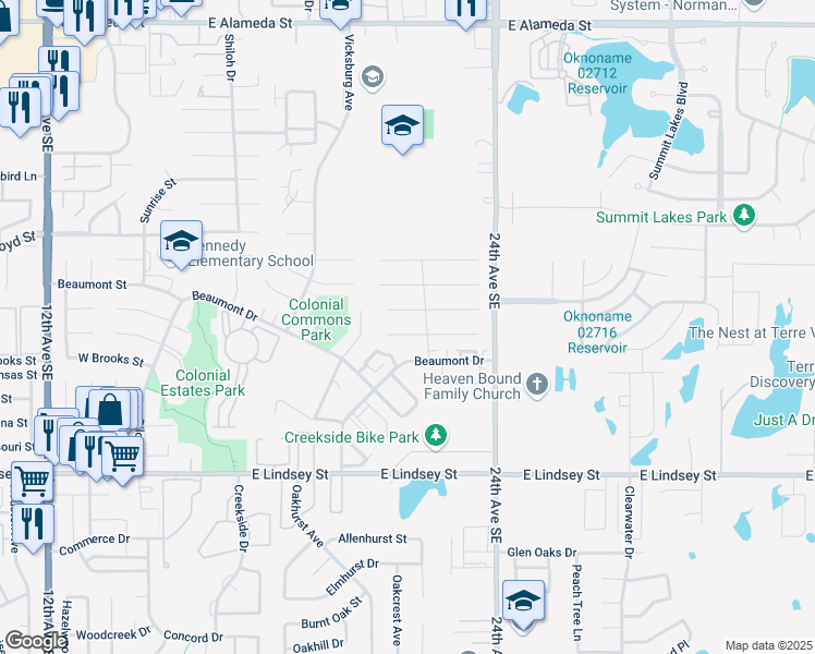 map of restaurants, bars, coffee shops, grocery stores, and more near 2112 Natchez Drive in Norman