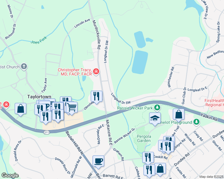 map of restaurants, bars, coffee shops, grocery stores, and more near 423 Longleaf Drive Southwest in Pinehurst