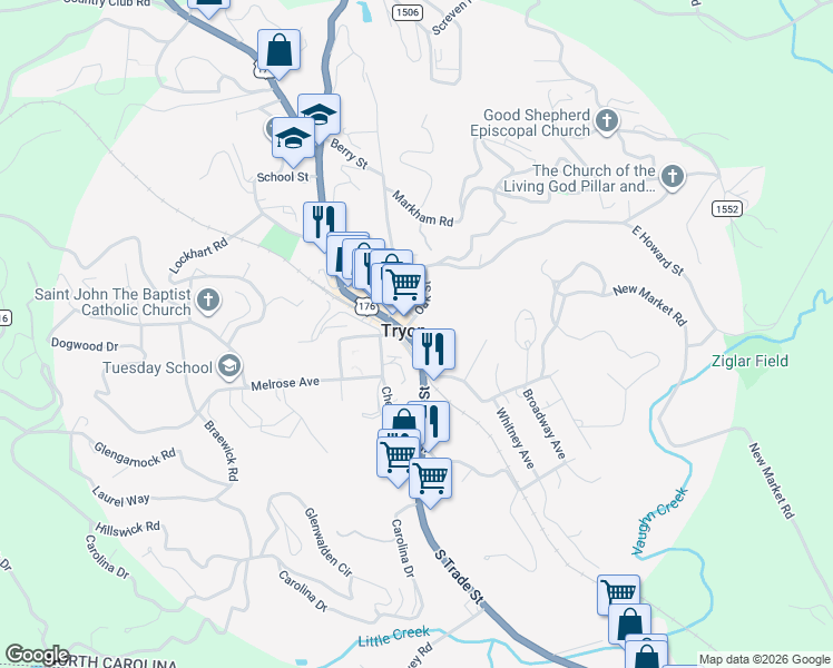 map of restaurants, bars, coffee shops, grocery stores, and more near 25 South Trade Street in Tryon