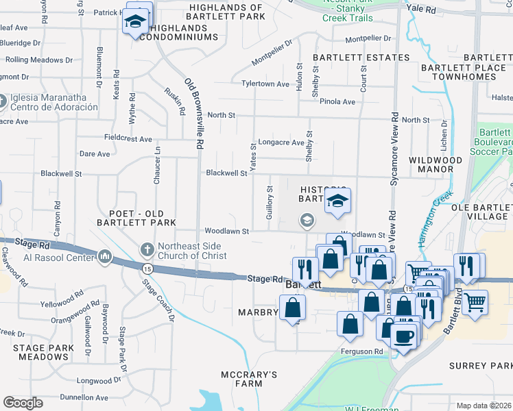 map of restaurants, bars, coffee shops, grocery stores, and more near 3018 Yates Street in Bartlett