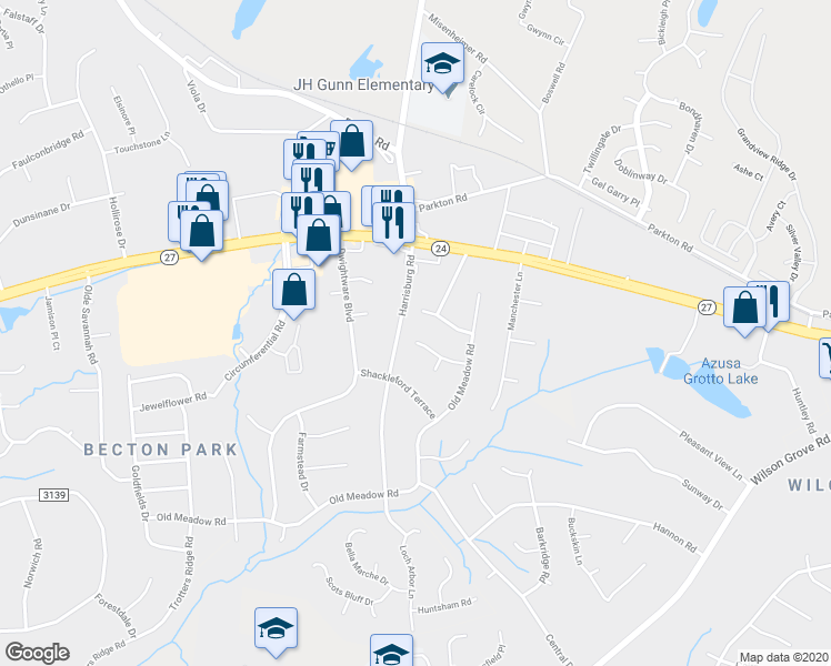 map of restaurants, bars, coffee shops, grocery stores, and more near 9305 Winter Elm Lane in Charlotte