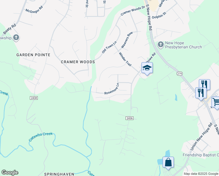 map of restaurants, bars, coffee shops, grocery stores, and more near Weber Court in Gastonia