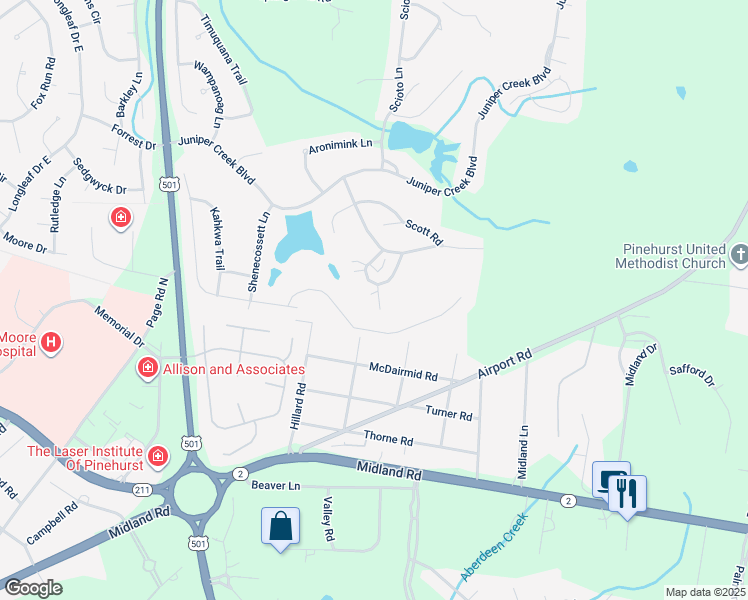 map of restaurants, bars, coffee shops, grocery stores, and more near 190 Barton Hills Court in Pinehurst